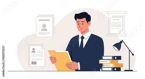 Professional Man Reviewing Documents and Files At Workplace Illustration