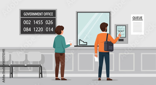 People Wait in Government Office Queue for Service and Digital Ticketing