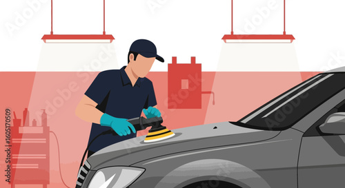 Vehicle Detailing Specialist Smoothing Car Paint With Polisher In Repair Shop