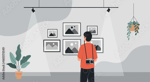 Person Admiring Artwork Displayed In A Gallery With Camera And Hanging Plant