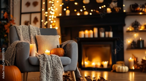 Cozy Autumn Living Room With Candles and Pumpkins Creating a Warm Atmosphere