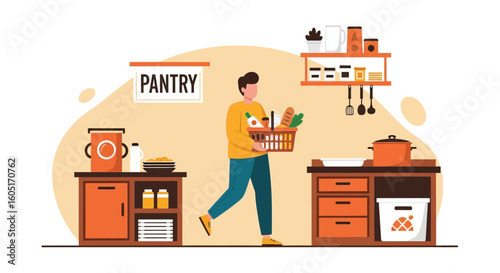 Person Brings Fresh Groceries Home To Stock Up The Kitchen Pantry