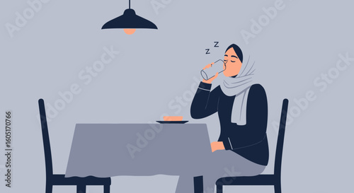 Sleepless Night A Young Woman Drinks Beverage After Working Late Illustration