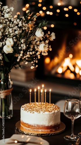 Cozy Indoor Celebration With Cake and Flowers During Winter Evening