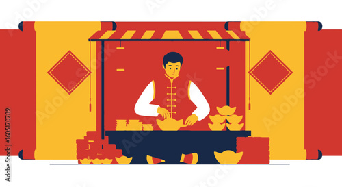 Vendor Preparing Golden Ingots For Chinese New Year Celebration At Market