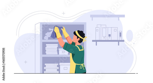 Person Cleaning A Shelving Unit With A Cloth At Home Or Office