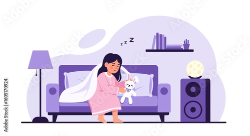 Sleepy Young Girl Dressed In Pajamas With Her Bunny Rabbit In Bedroom