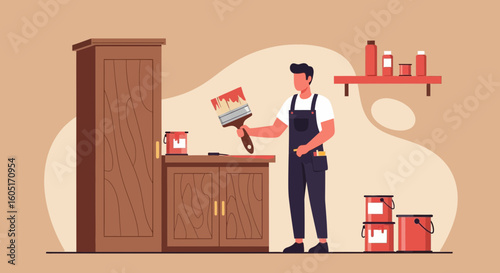 Professional Painter Revamping Wooden Furniture With a Brush Inside the House