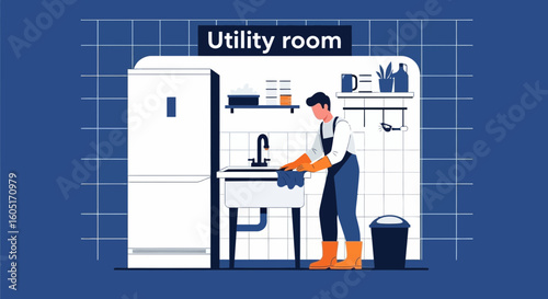 Person Cleaning In The Utility Room For Maintenance Chores Concept