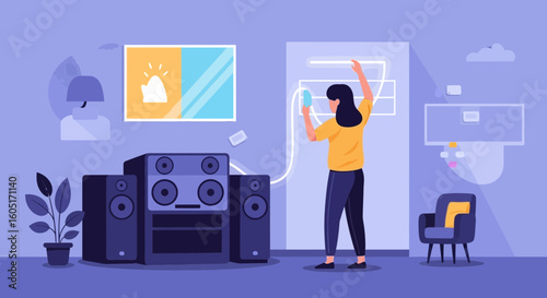 Smart Home Automation Girl Using App For Air Conditioning Adjustment Indoor