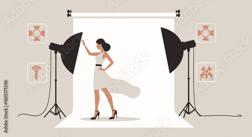 Professional Photo Studio Session With Model And Lighting Equipment Setup