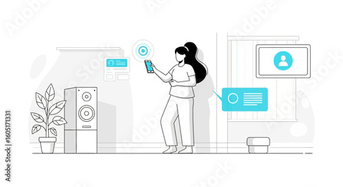 Smart Home Control With Woman Managing Devices Through Mobile App