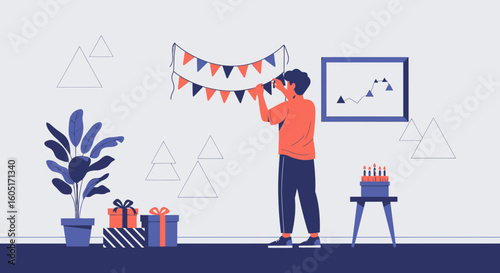 Person Decorating Room For Celebration Event With Gift Box And Delicious Cake