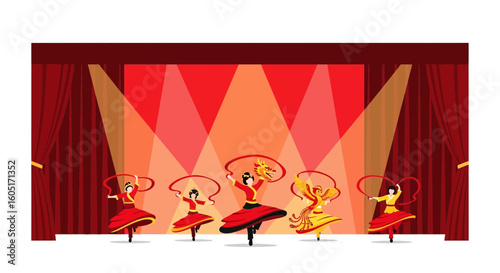 Vibrant Ribbon Dance Performance On Stage With Elegant Costumes