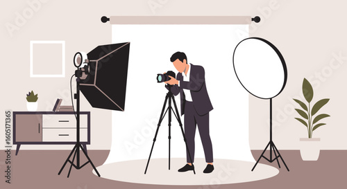 Professional Photographer At Work Capturing Images In A Modern Studio
