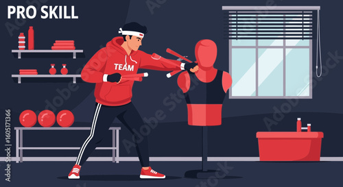 Martial Arts Training With Mannequin, Fighter Practicing With Weapons Skill