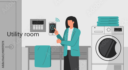 Smart Laundry Management Woman Using App To Start The Washing Machine