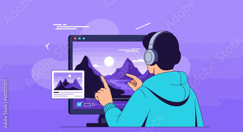Person Edits a Landscape Photo Wearing Headphones on a Computer Screen