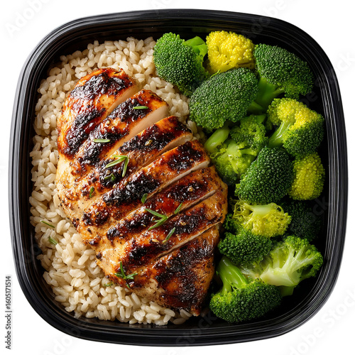 Chicken breast with rice and broccoli for healthy food meal prep  isolated on transparent background