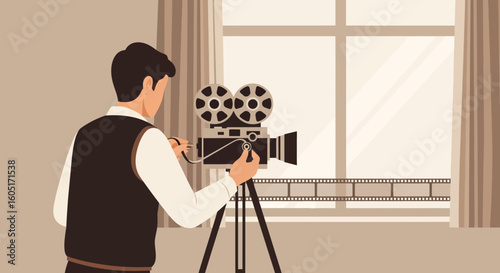 Vintage Camera Operator Directing A Classic Film In A Retro Style Setting