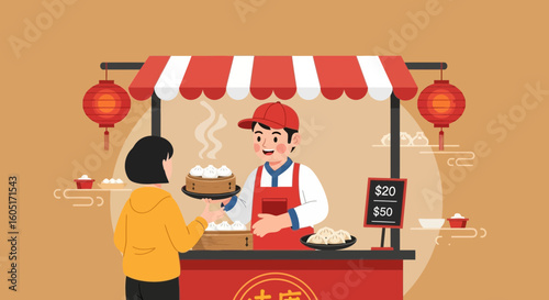 Smiling Vendor Sells Steaming Dim Sum To A Customer In A Street Food Stall