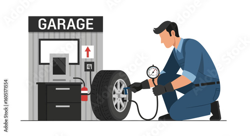 Mechanic Inflating Car Tire In Garage For Automotive Maintenance Service