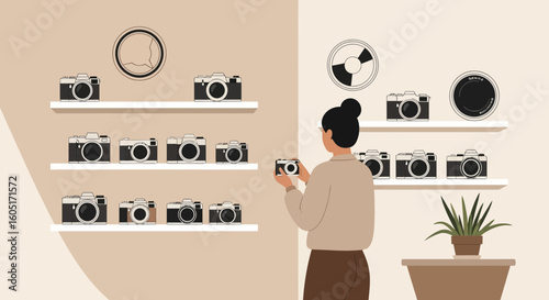Vintage Camera Collection Displayed on Shelves with Enthusiast Viewing Cameras