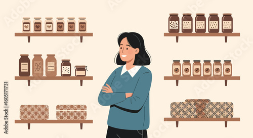 Smiling Woman In Her Pantry With Many Jars Of Food Preserves Displayed