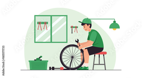 Mechanic Repairing A Bicycle Wheel At Home Indoor Workshop Illustration