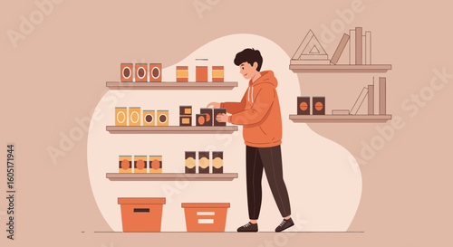Person Organizing Food Items on Shelves for Storage and Donation Concept