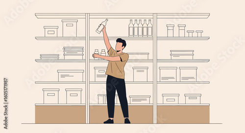 Person Organizing Pantry Shelves With Food And Supplies For Organization