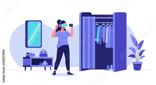 Virtual Fitting Experience Woman Using Augmented Reality To Try On Clothes