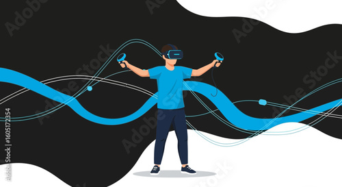 Virtual Reality Experience Man Immersed In A Digital World Surrounded By Graphics