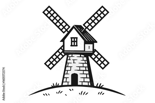Minimalist depiction of a windmill's black silhouette situated by the water