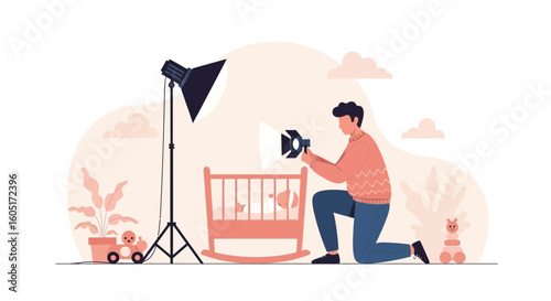 Professional Photographer Capturing Pictures Of Newborn Baby In Crib At Studio