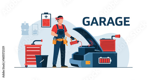 Mechanic Working On Car Battery In Garage Illustration Vector
