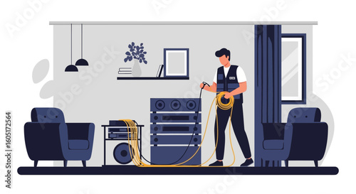 Sound Technician Arranging Audio Equipment Cables In Modern Room Interior