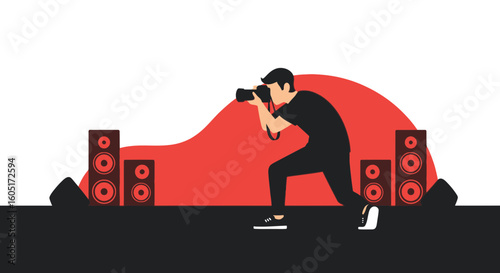 Professional Photographer Capturing Stage Performance With Speakers At Event