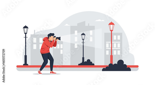Professional Photographer Capturing Urban Landscape Scenery With His Digital Camera