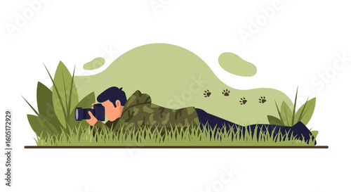 Professional Photographer Capturing Wildlife Images While Lying in Natural Grass