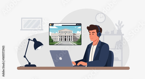 Person Working At Home On Research About Historical Government Buildings Online