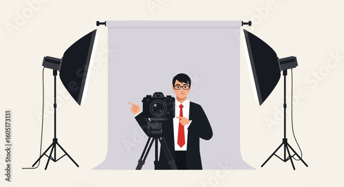 Professional Photographer Explaining Camera Settings In Studio Lighting Setup