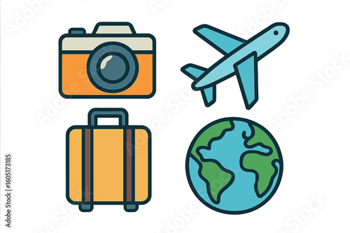 Essential travel items for adventurers comprise a passport, camera, and food icons symbolizing diverse locations and experiences