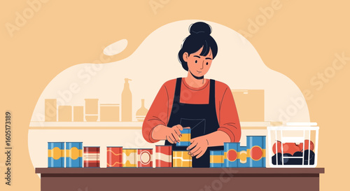 Volunteer Stacking Canned Goods For Charity Drive Illustration Graphic