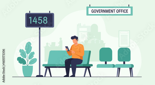 Waiting At Government Office Cartoon Scene With Man Using Mobile Phone