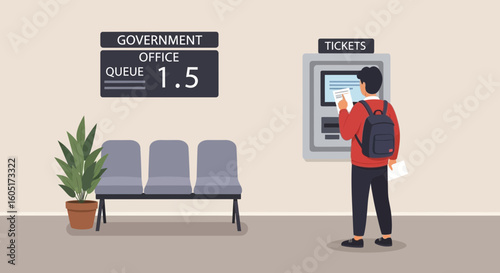 Waiting Area at Government Office with Digital Queue and Man at Ticket Machine