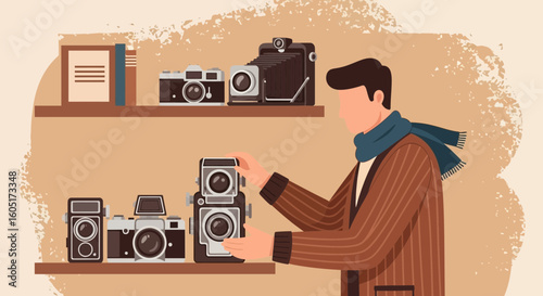 Photographer Arranging Vintage Cameras On Shelf In Photography Studio