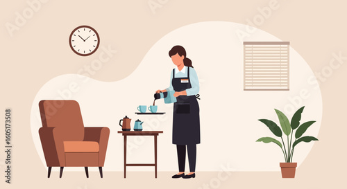 Waitress Preparing Coffee In A Relaxing Environment With A Cozy Armchair