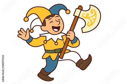 A cartoon man wearing an aboriginal costume dances while holding an ax