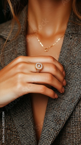 Elegant Hand Showcasing a Sparkling Ring and Delicate Necklace in a Stylish O...